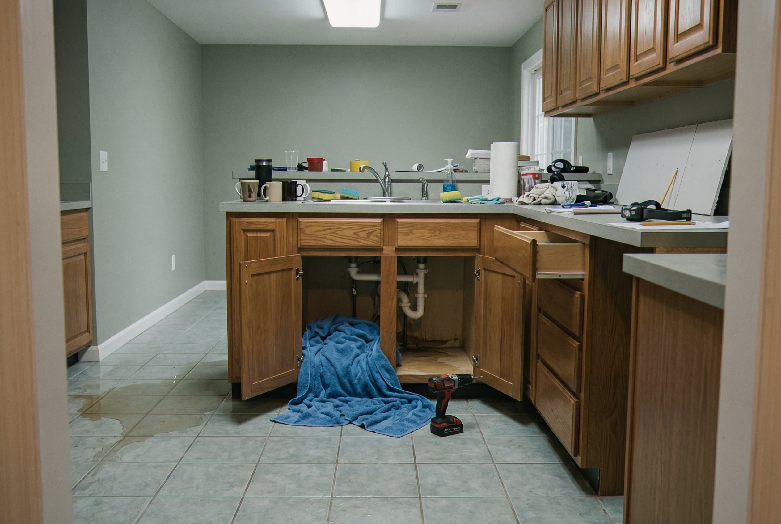 Kitchen cabinet with pipe damage.
