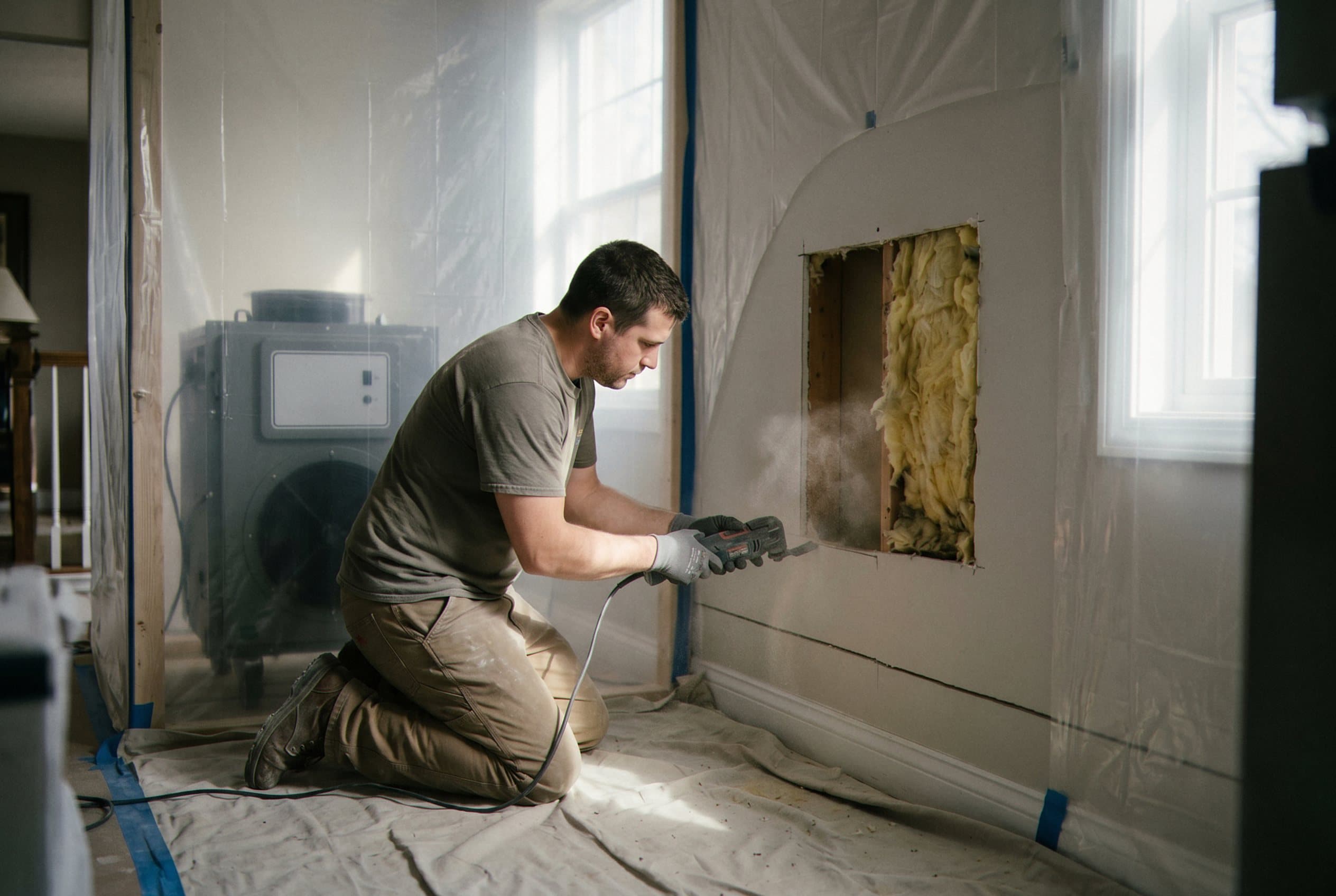 Air movers drying wall framing.