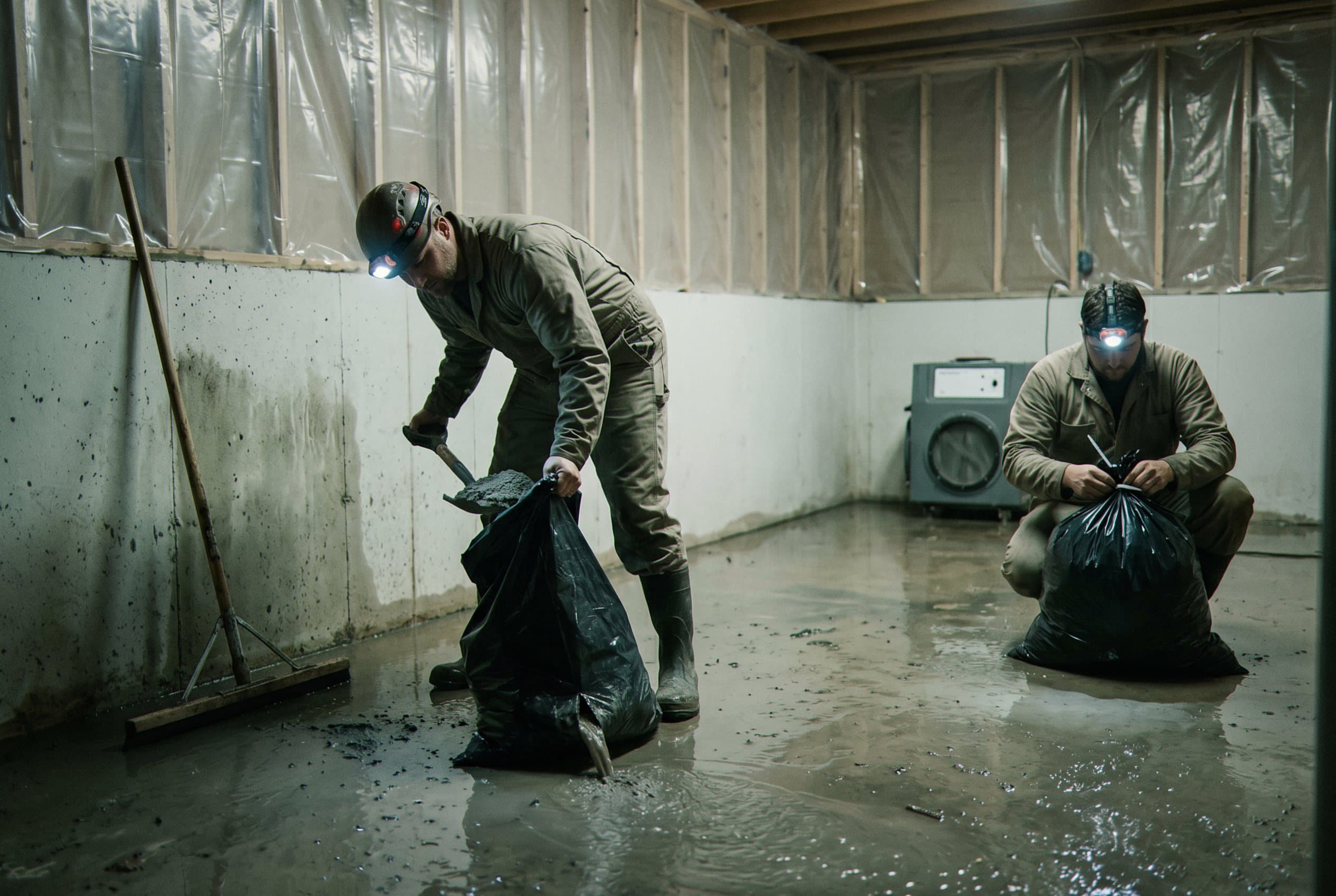 Crew removing soaked carpet and padding.