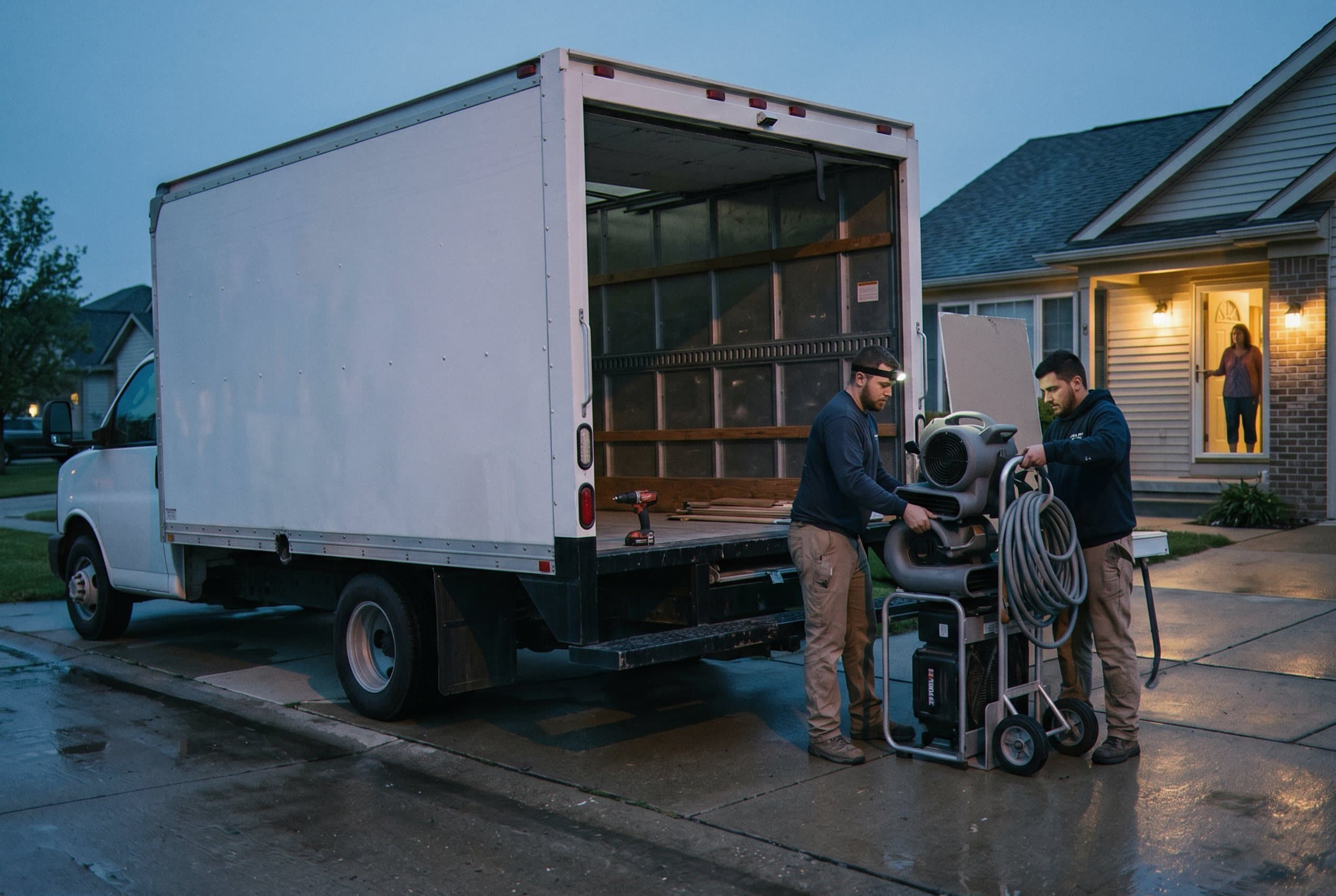 Crew truck arriving at flooded home.