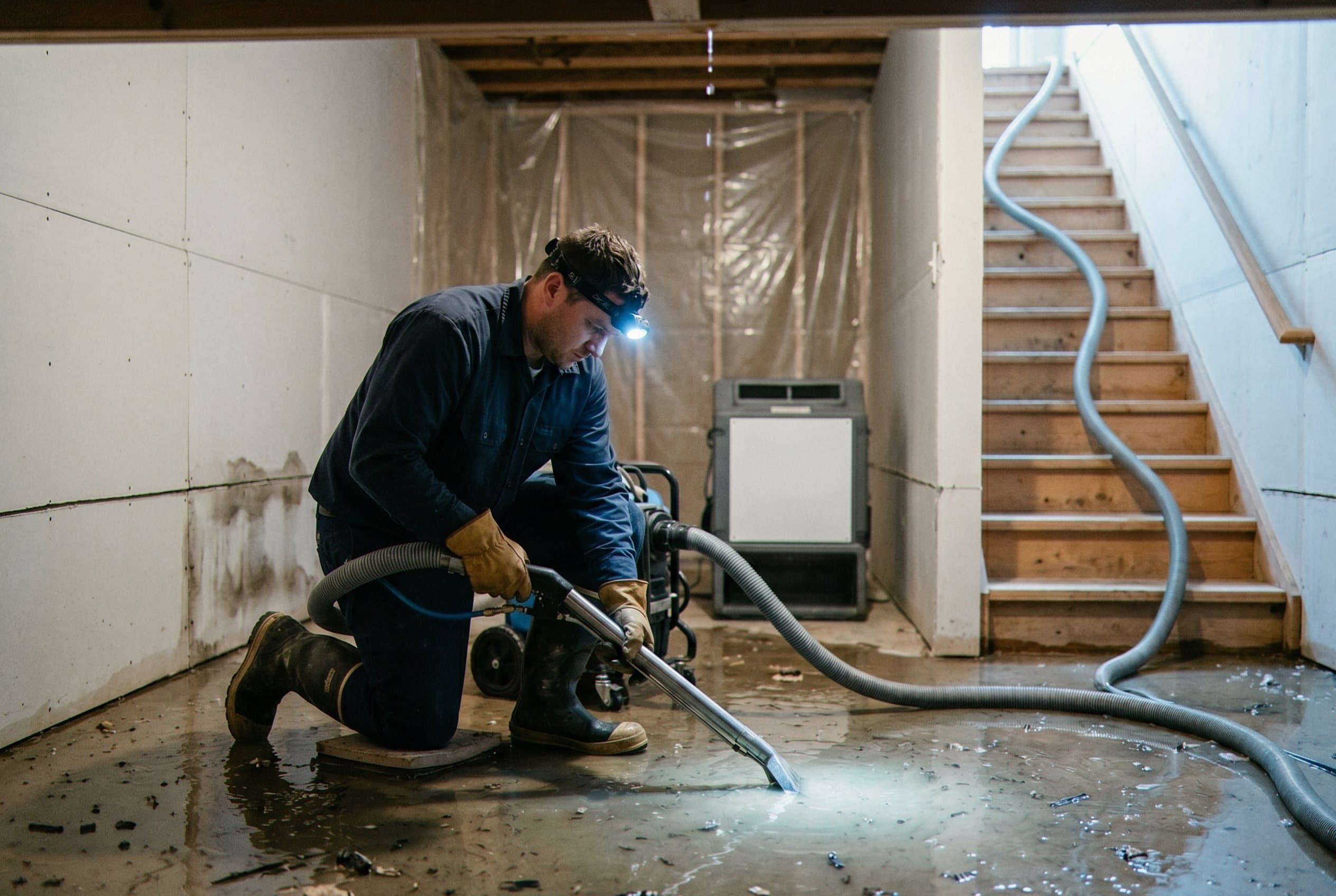 Technician checking basement water level.
