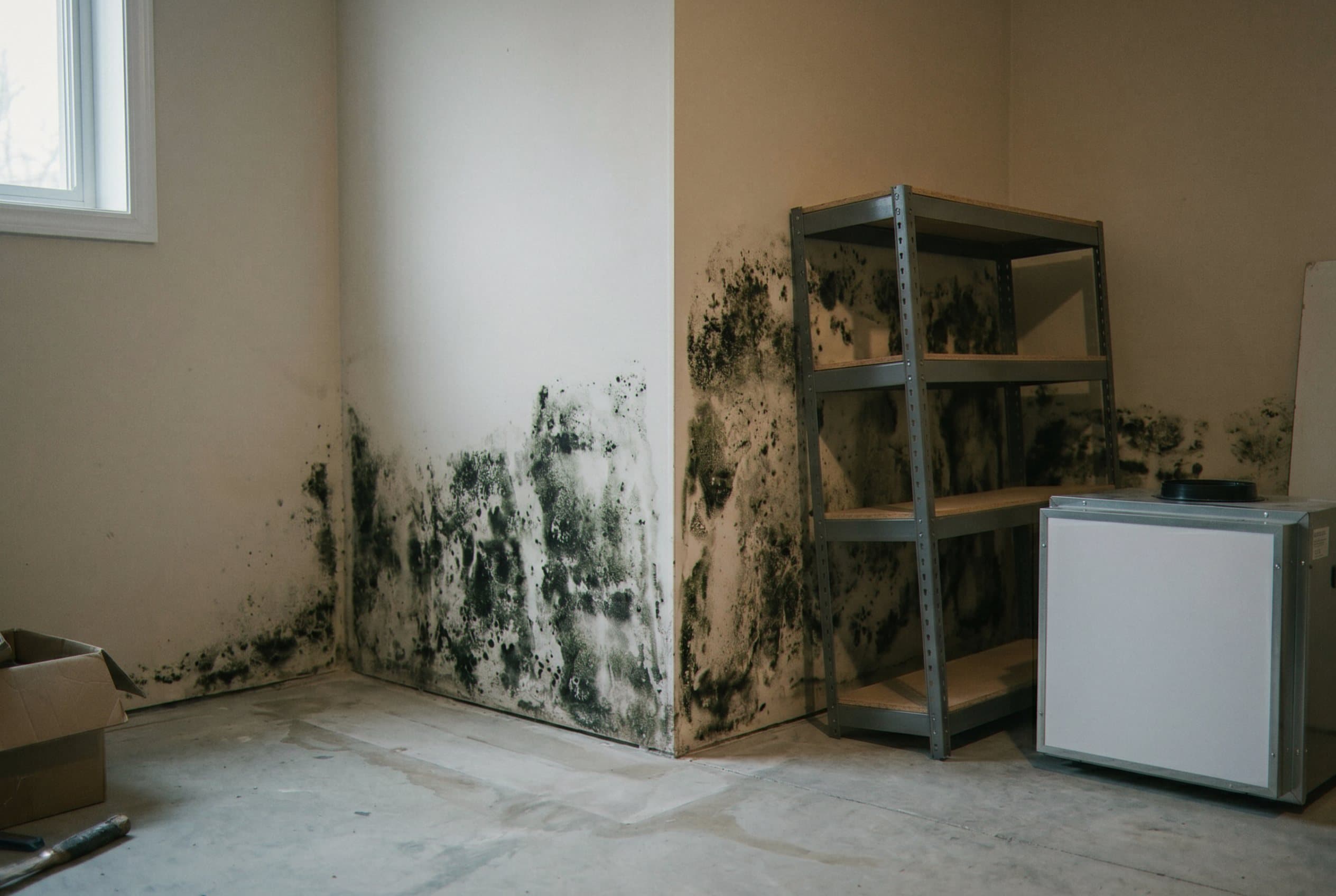 Black mold on basement wall and framing.