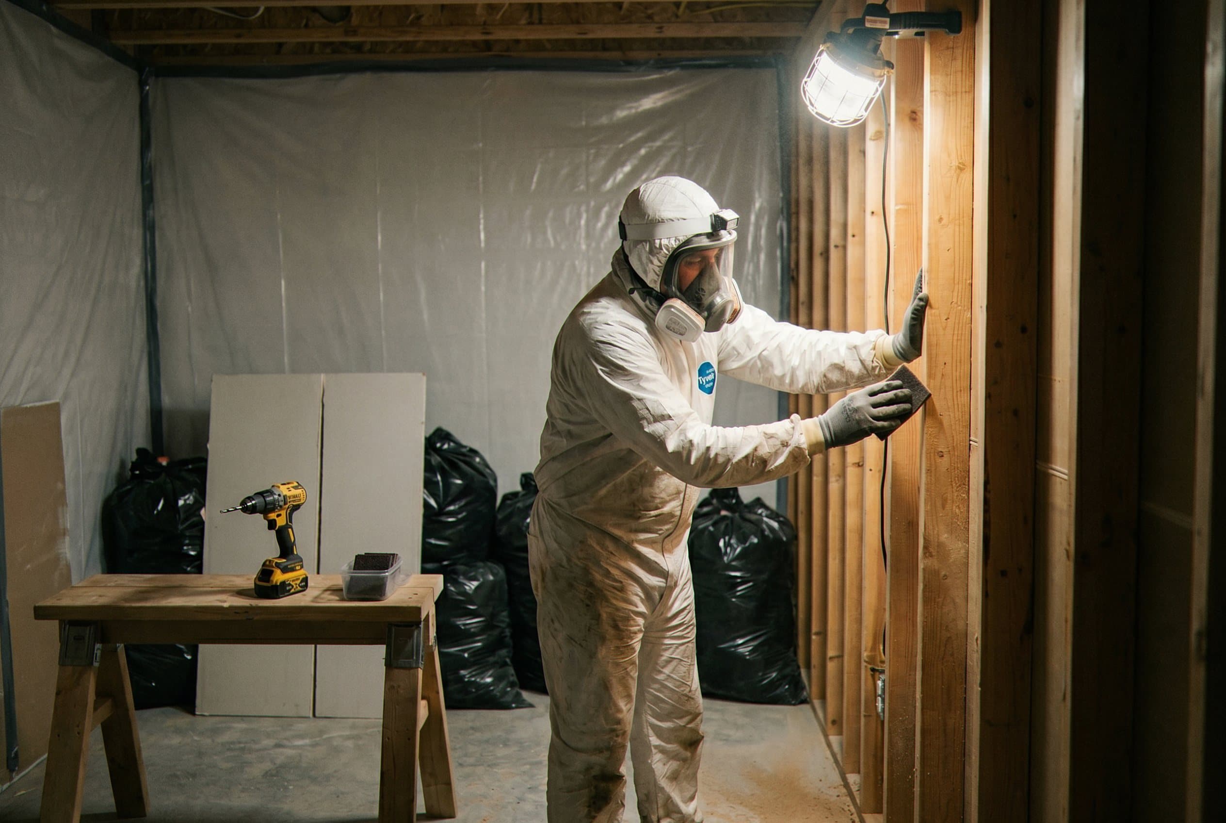 Technician removing moldy insulation.