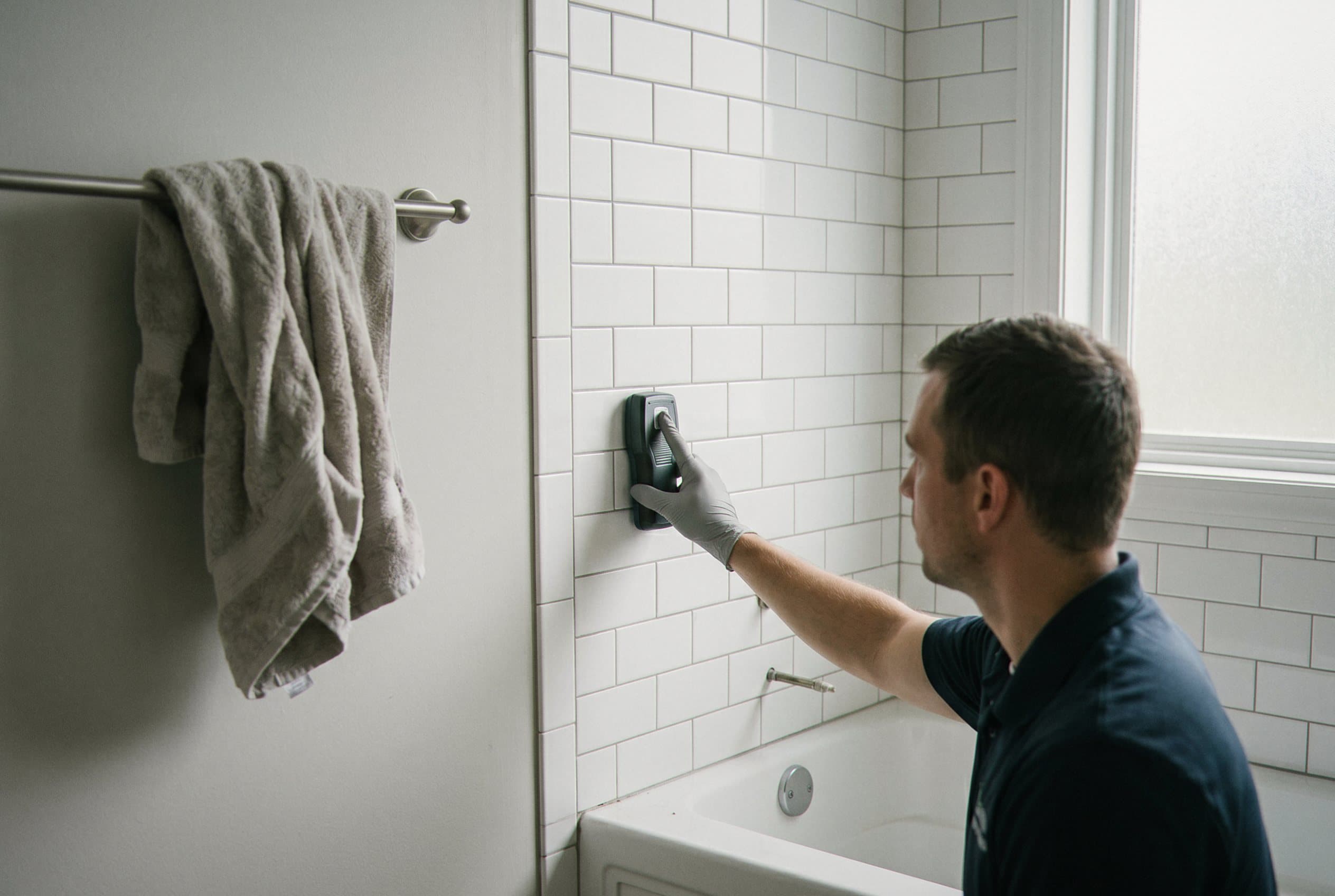 Moisture meter finding water in drywall.
